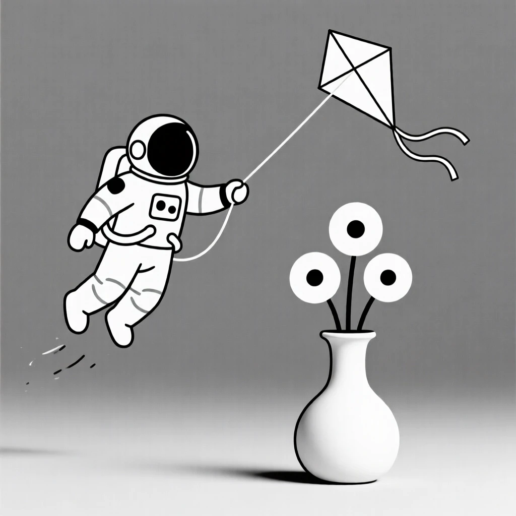 A portrait of an astronaut flying a kite near fresh flowers in a vase, filled with gentle happiness.
