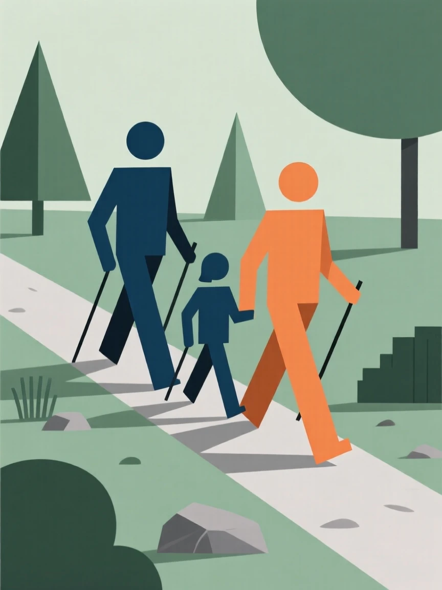 A family hiking together on a nature trail