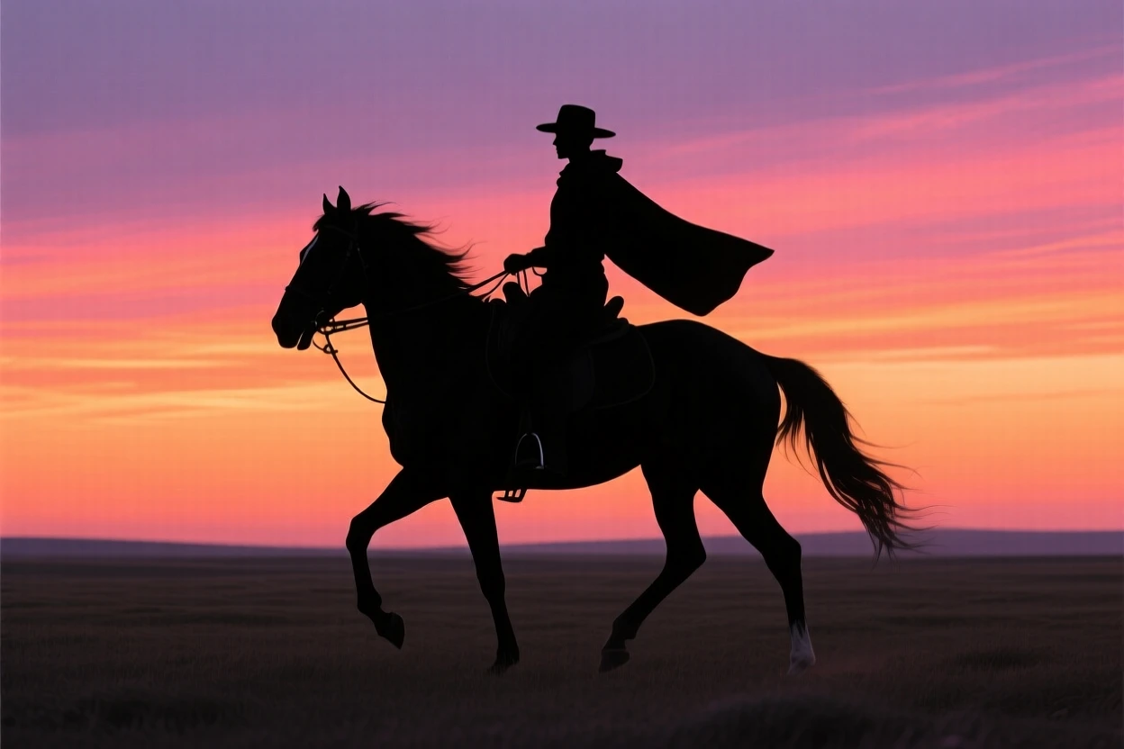 A rider on horseback crossing an open plain beneath a wide sky.