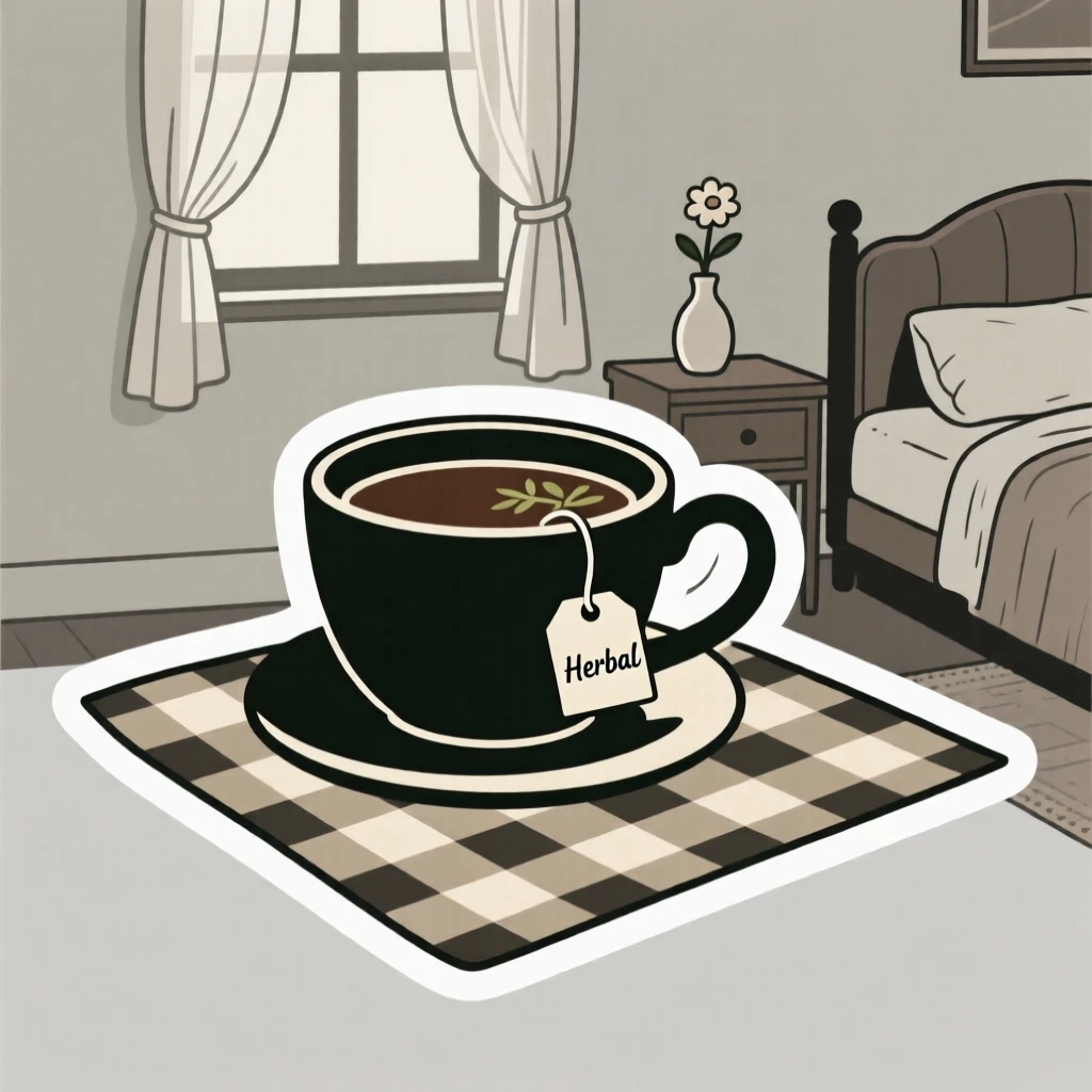 A timeless cup of herbal tea, resting atop a checkered picnic cloth, inside a softly decorated bedroom.