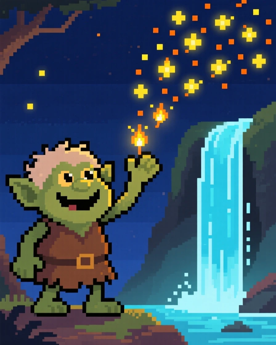 A friendly forest troll casting a spell that fills the sky with fireflies, beside a waterfall that glows at night.