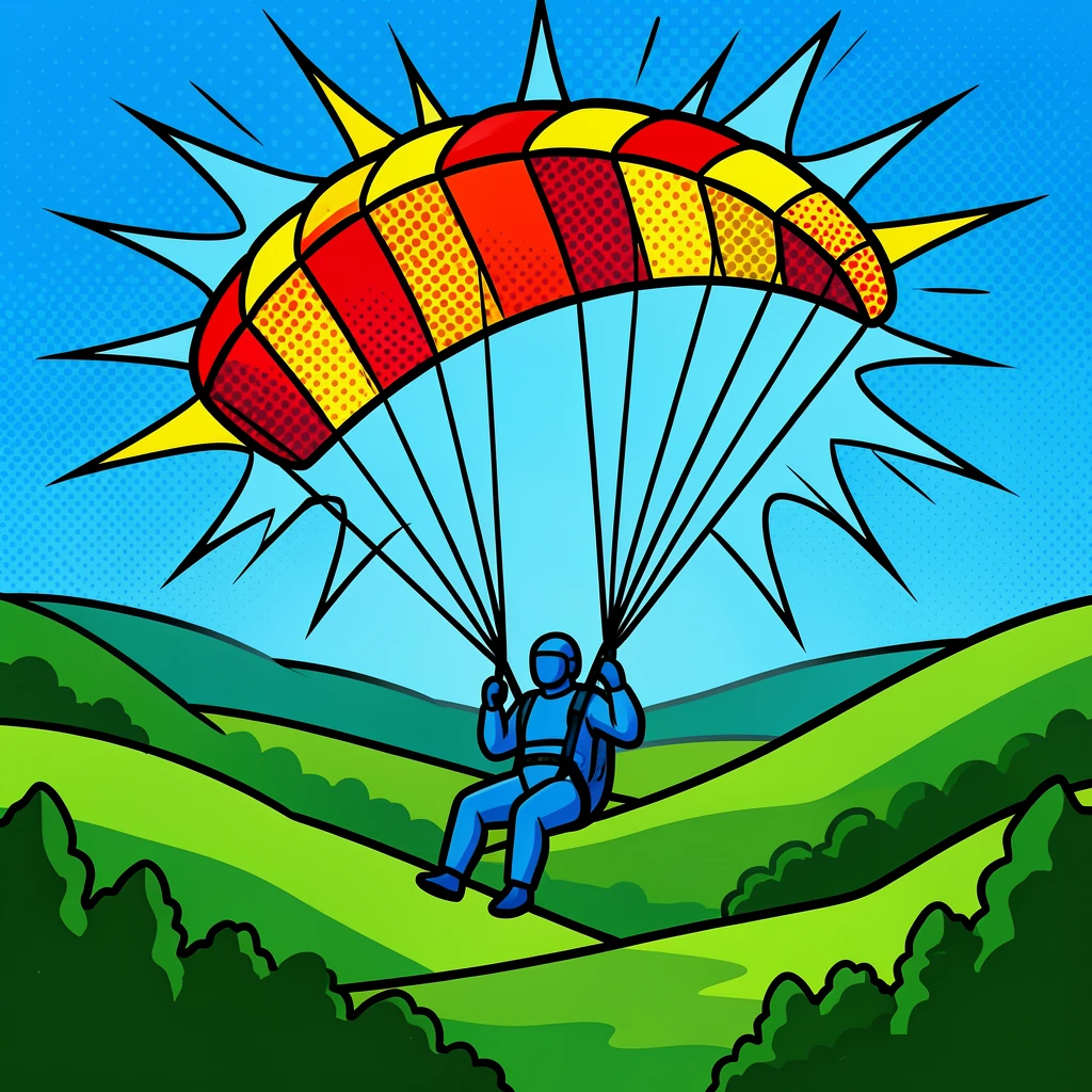 A paraglider soaring above a lush valley