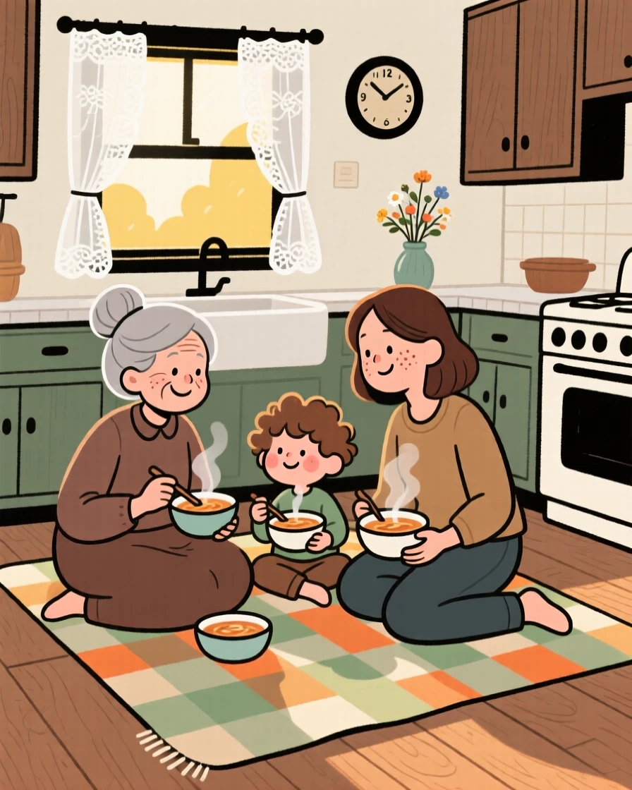 Three generations of a family gather around a picnic blanket in the farmhouse kitchen, sharing steaming bowls of soup and stories as the afternoon sun warms the room.