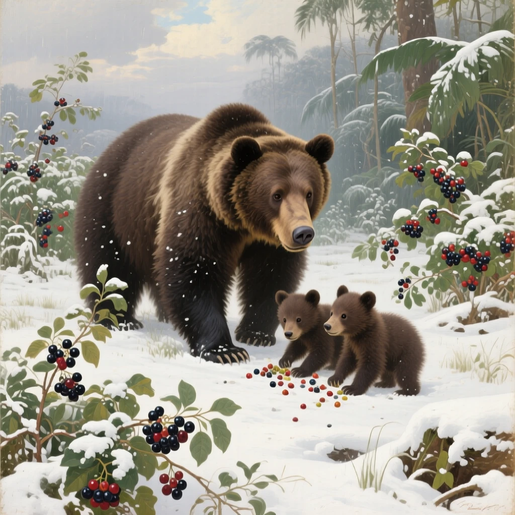 A well-framed scene of a mother bear and her cubs foraging in a berry-laden meadow, in the Amazon rainforest, under a fresh blanket of winter snow, beneath drifting clouds.