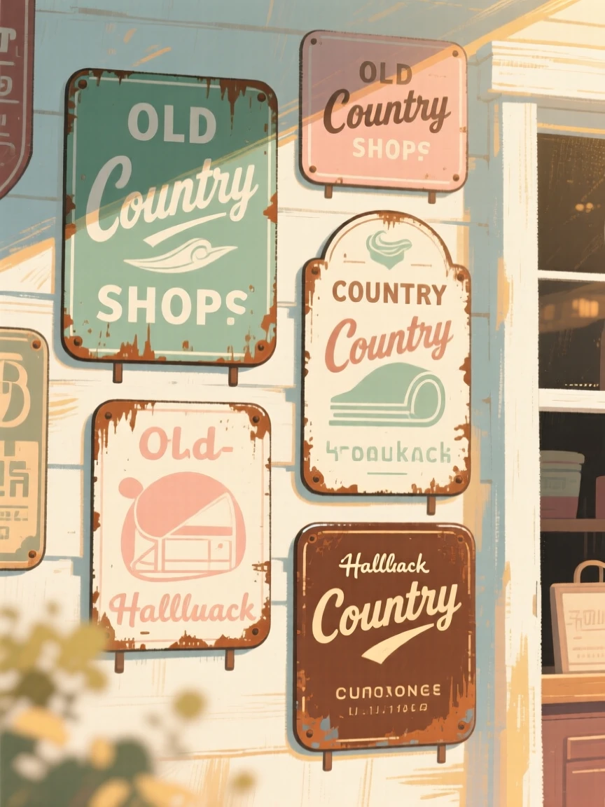 A collection of vintage tin signs from old country shops