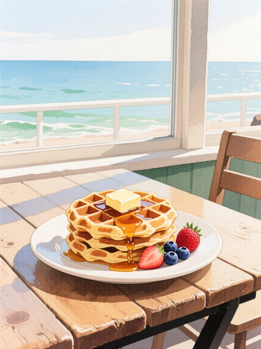 A plate of warm waffles sits on a rustic wooden table by a window at a seaside restaurant patio, arranged beautifully for a delightful meal