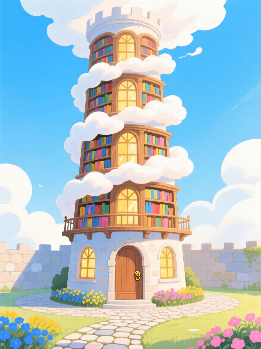 A tower library that spirals into the clouds, mysterious and inviting.
