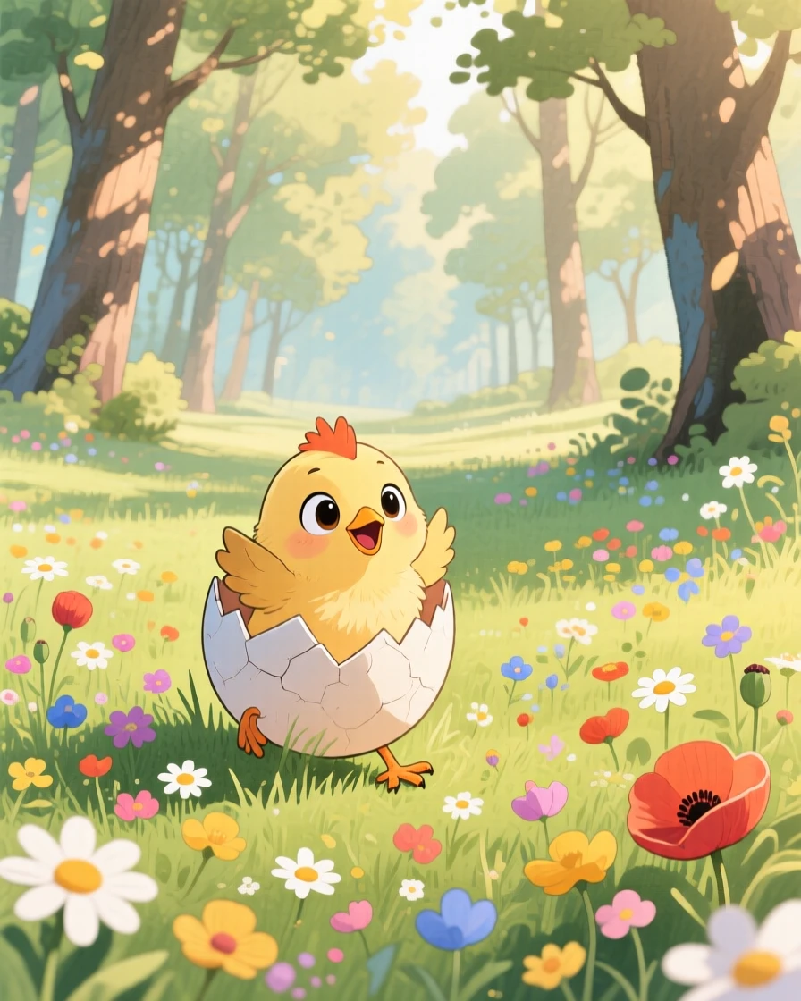 A chick hatching from its egg hopping through a meadow of wildflowers, set in a quiet forest clearing dappled with sunlight, filled with wide-eyed wonder.