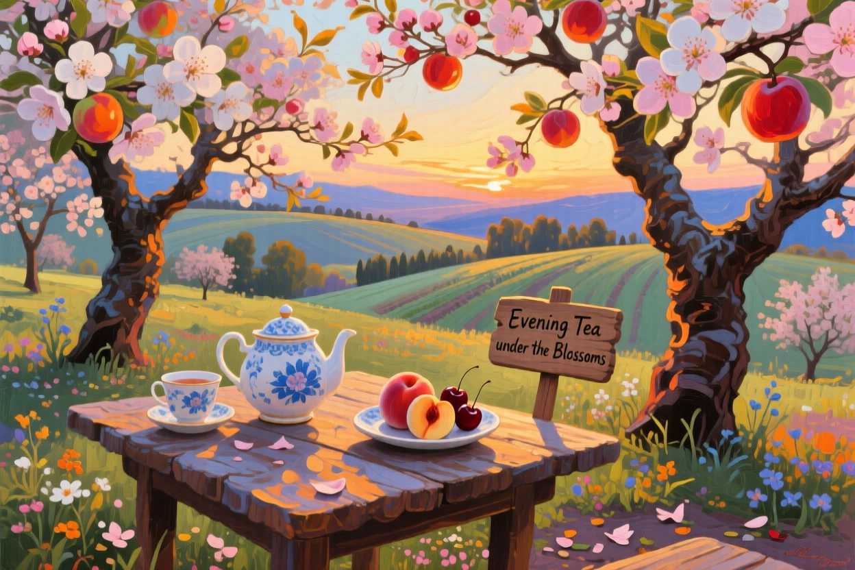a tea table beneath blooming fruit trees, in the last light before evening, with layered visual detail from foreground to horizon.