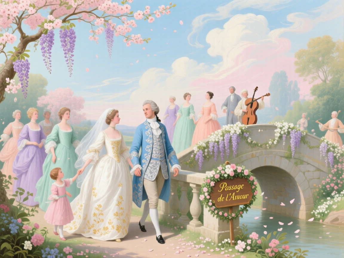 A spring wedding procession crossing a bridge decorated with flowering branches  