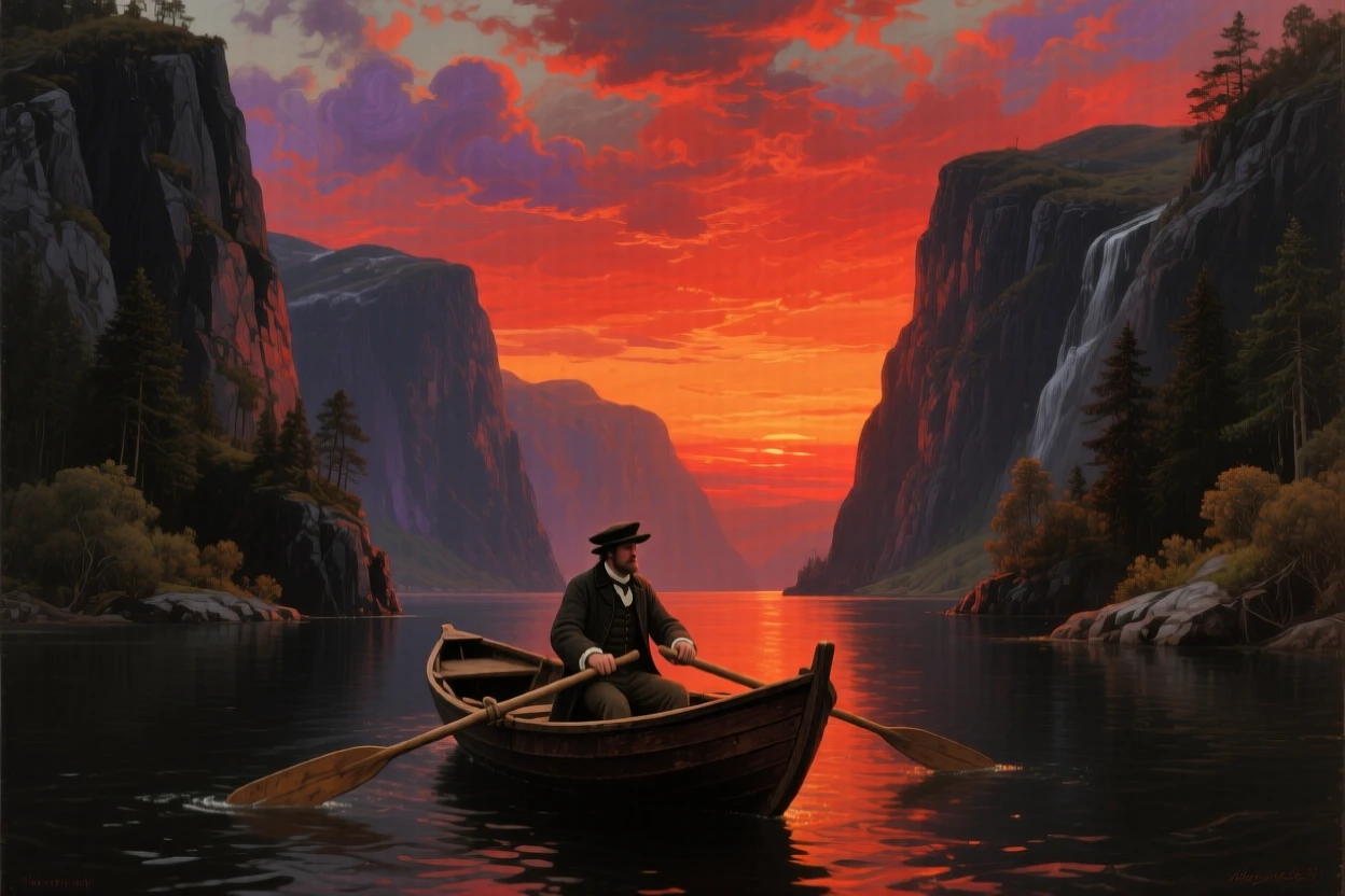 A ship's captain rows across a fjord walled by steep cliffs under a blood-orange sunset.