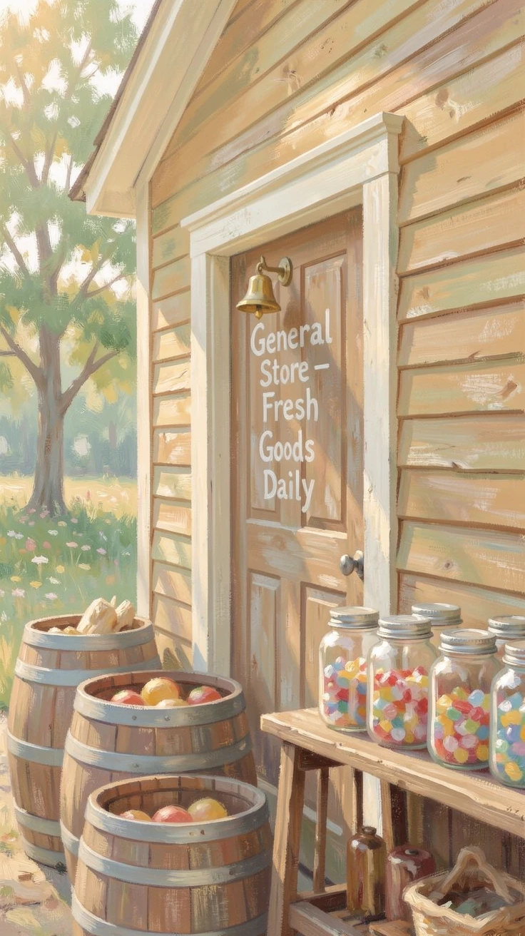 A rustic countryside general store with wooden barrels, penny candy jars, and a bell above the door.