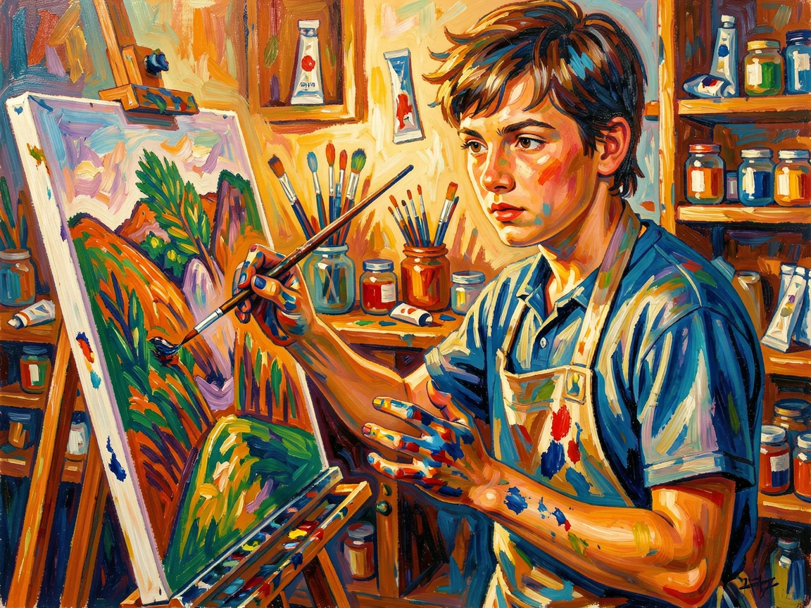 A young artist with paint-smudged fingers, brush poised mid-stroke before a half-finished canvas.