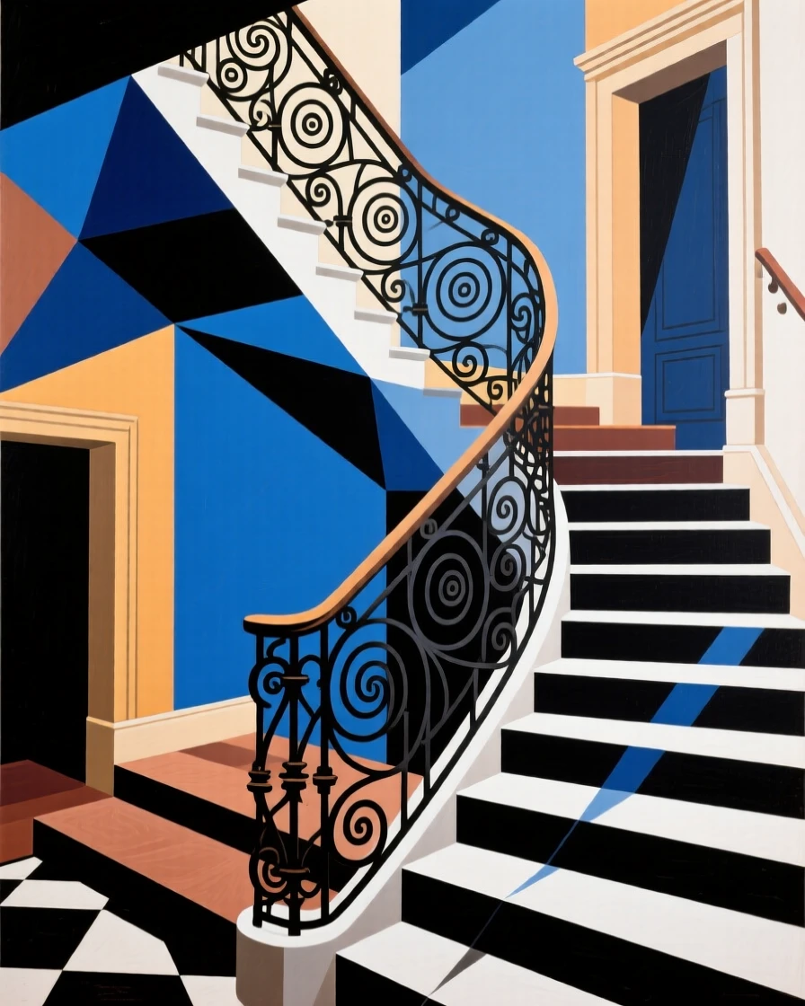 An elegant architectural view of a grand hotel staircase wrapped in wrought iron railings.