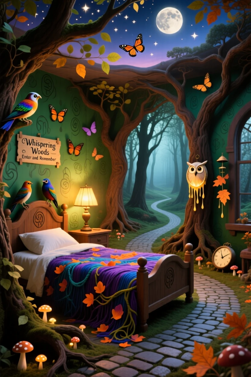 A bedroom whose wallpaper shifts slowly like a living forest feels warm, familiar, and just slightly impossible, as lantern light spills softly onto quiet cobblestone paths.