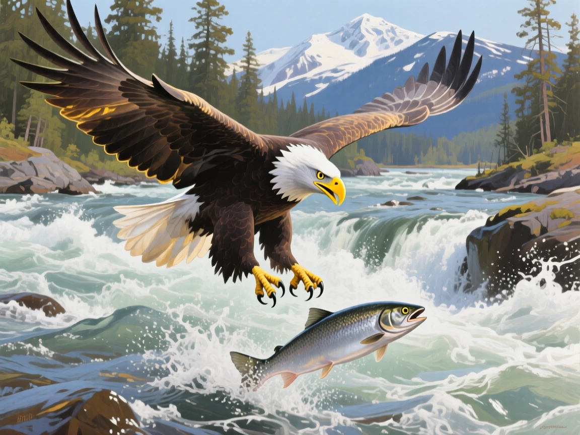 A bald eagle swoops low over a rushing Alaskan river, talons extended to snatch a leaping salmon from the churning water below, the scene suggesting a fleeting, candid moment rather than a posed encounter.