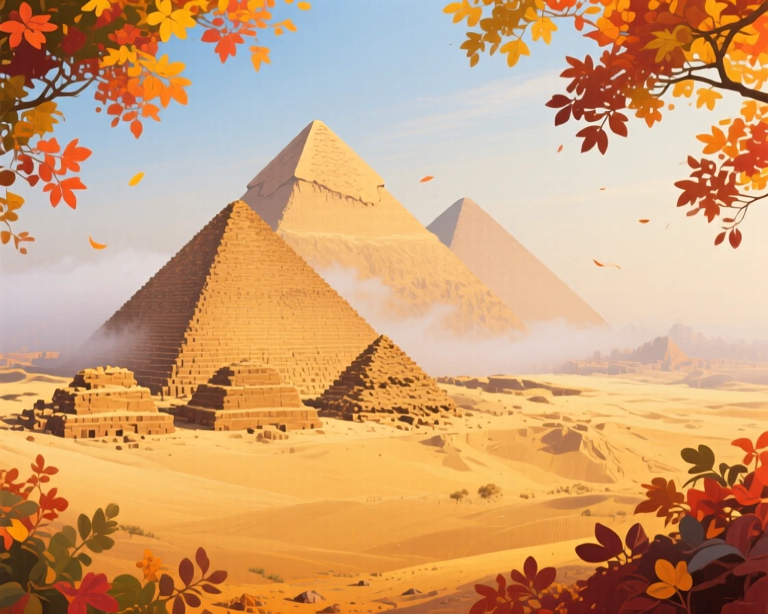 The pyramids of Giza rising from golden desert sand, wrapped in soft morning fog, vivid autumn color framing the scene