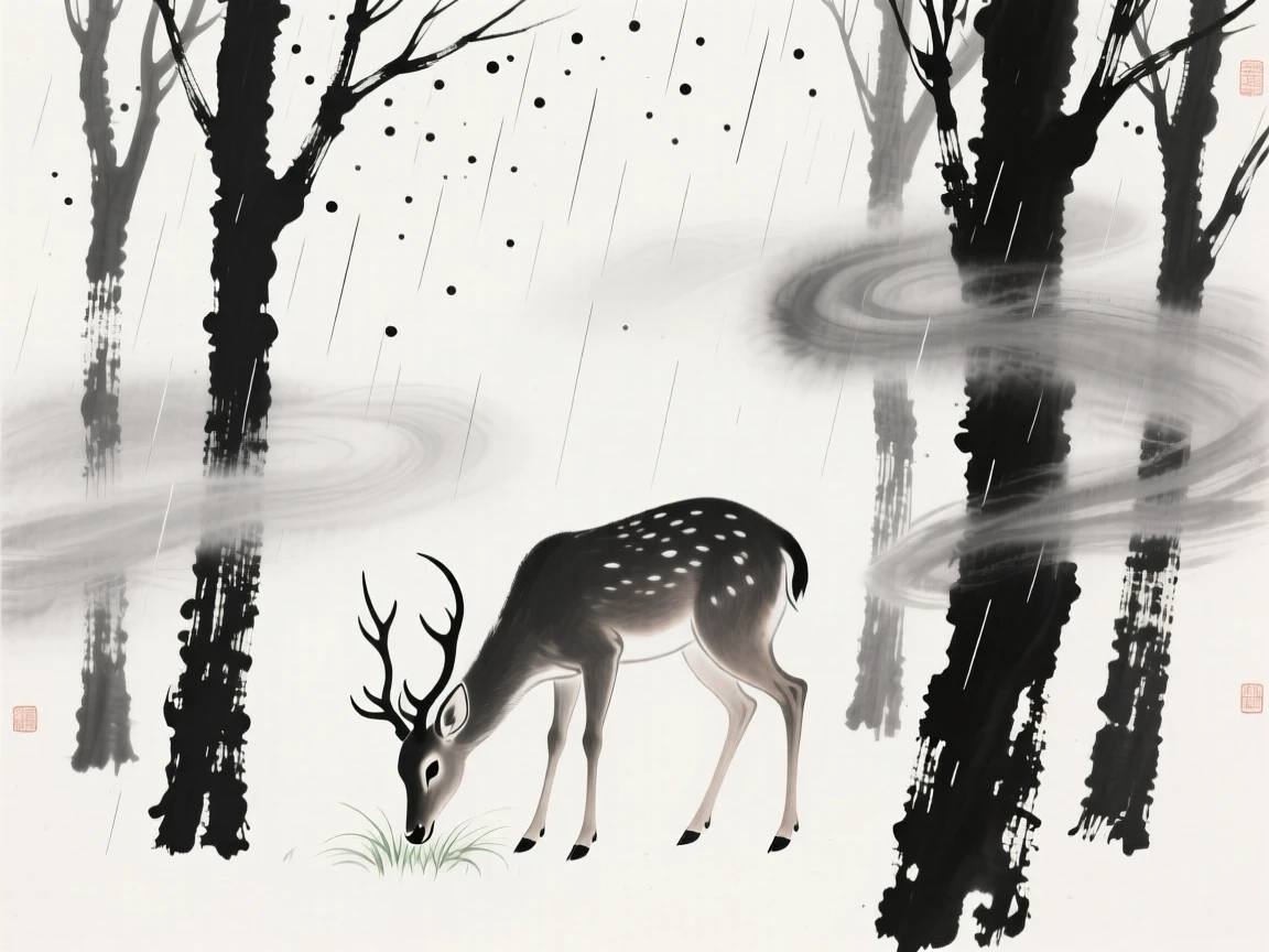 A deer looks up from grazing as mist drifts through the trees, as a light rain begins to fall.