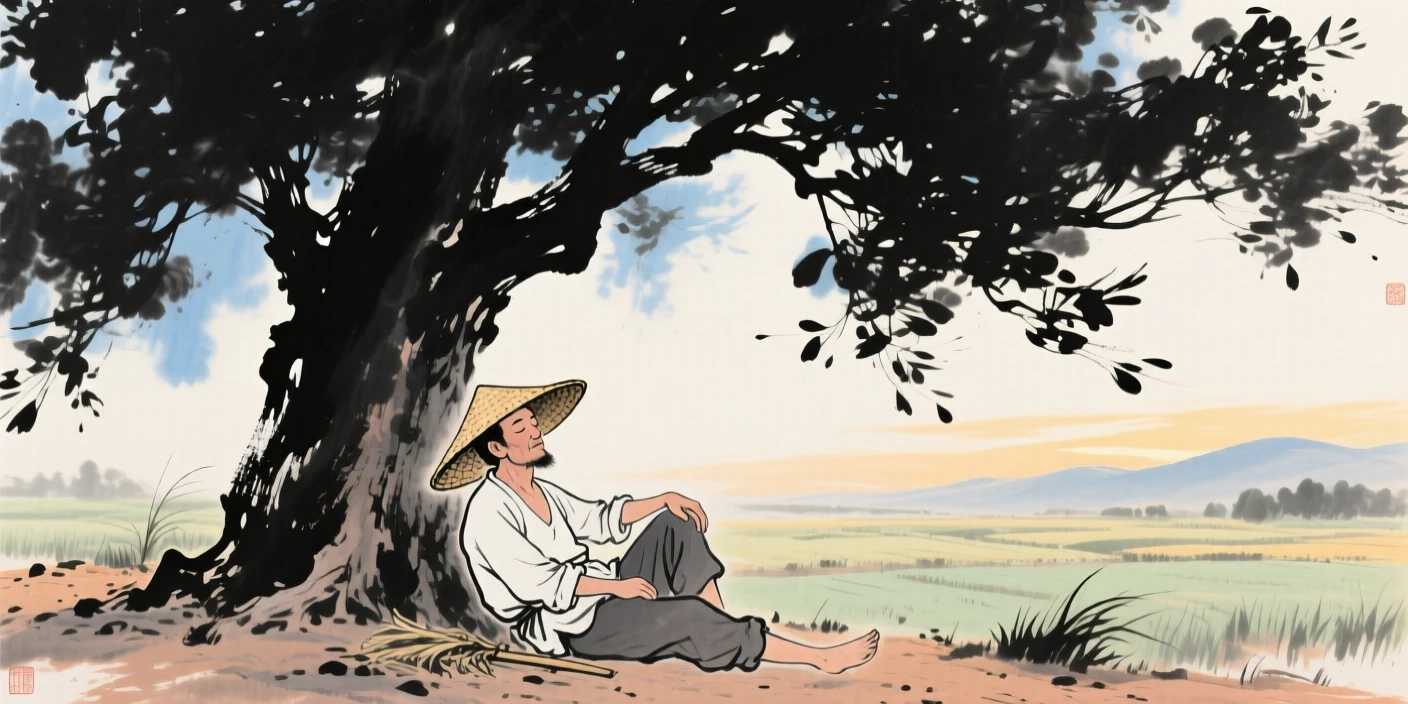 A farmer resting under a shade tree after a morning in the fields, in the last golden light of day.