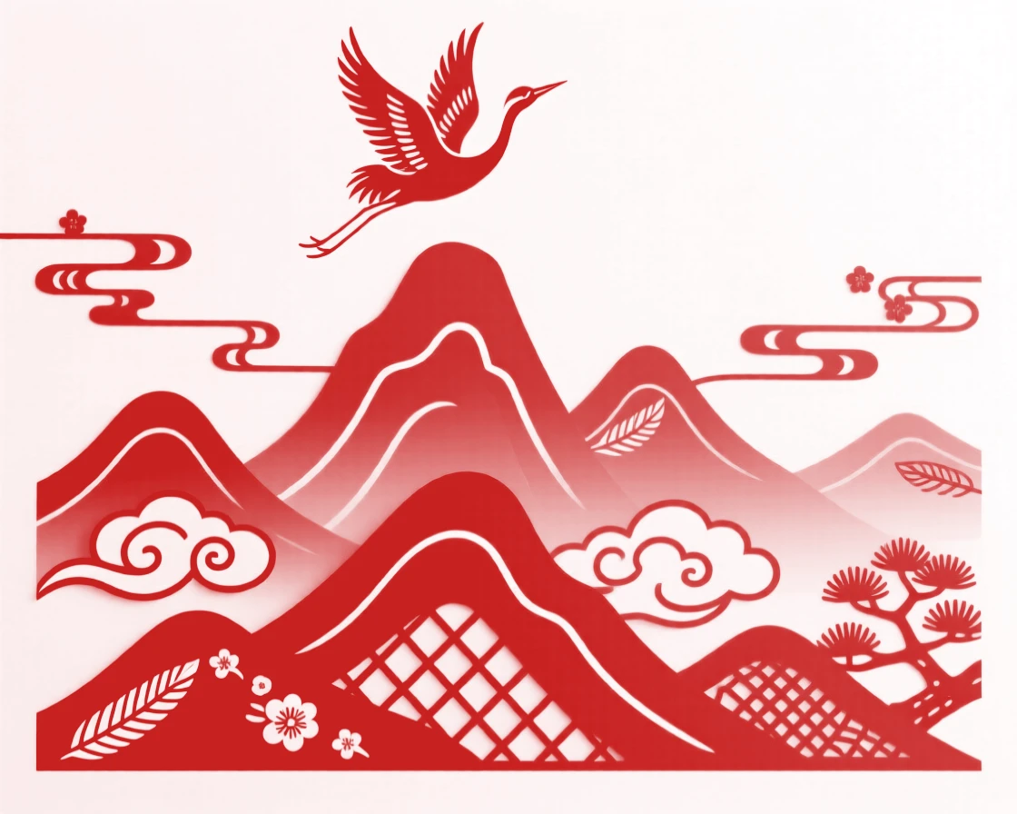 Layered mountain peaks fading into distance beneath drifting clouds, a lone crane gliding across the highest ridge