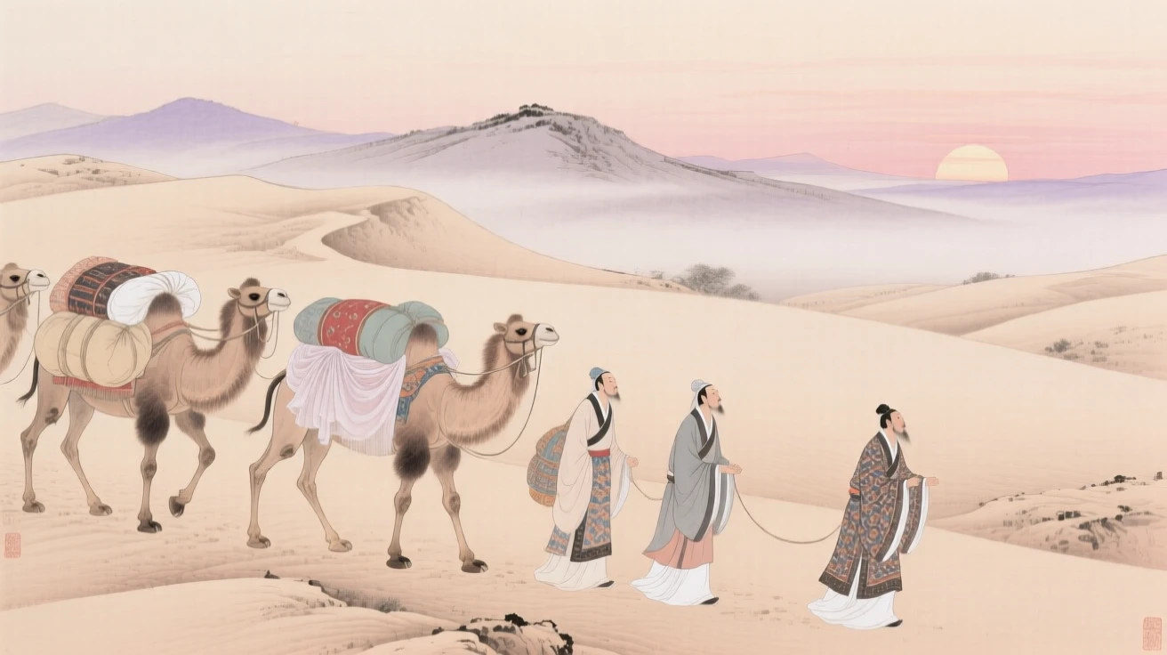 A caravan of traders crossing a desert with camels loaded with silk, as morning mist clings to the surrounding hills