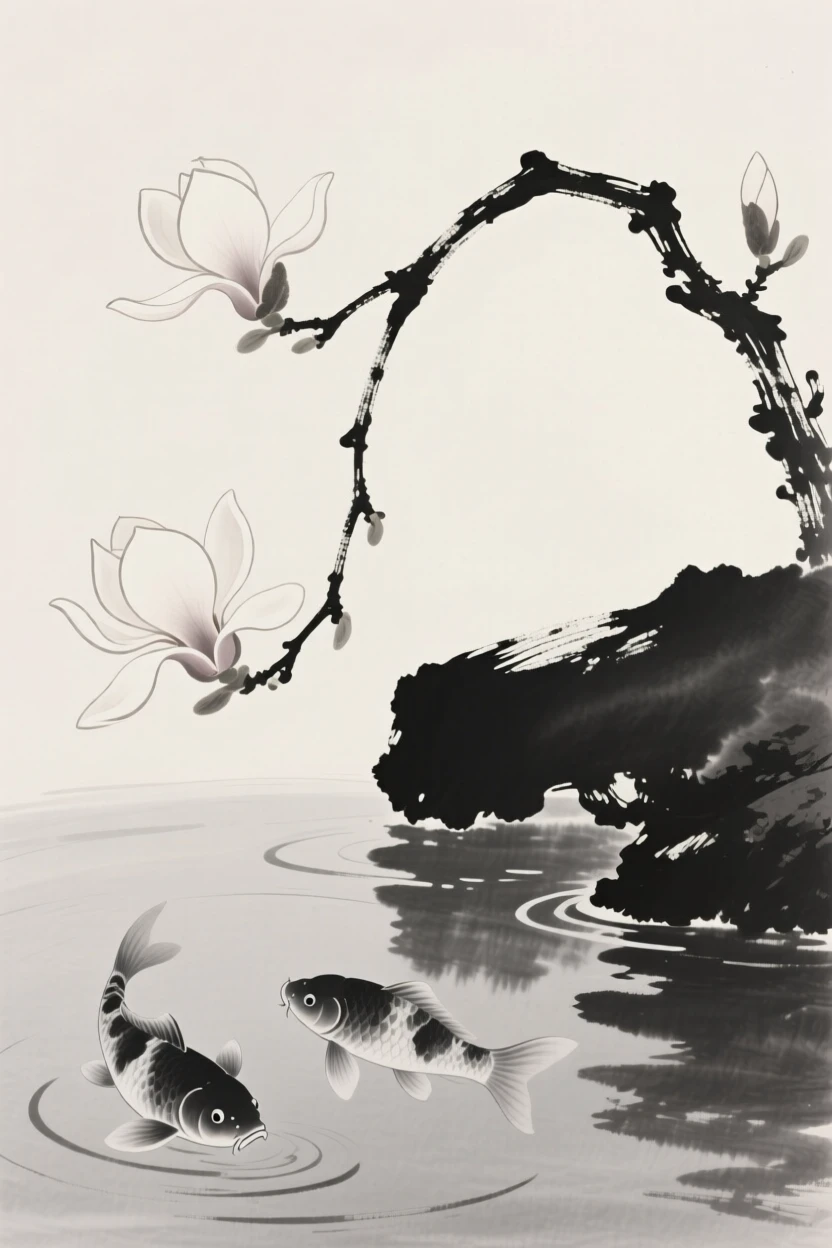 A blooming magnolia branch beside a tranquil koi pond, framed asymmetrically for quiet visual balance, capturing a delicate, transient moment in bloom.