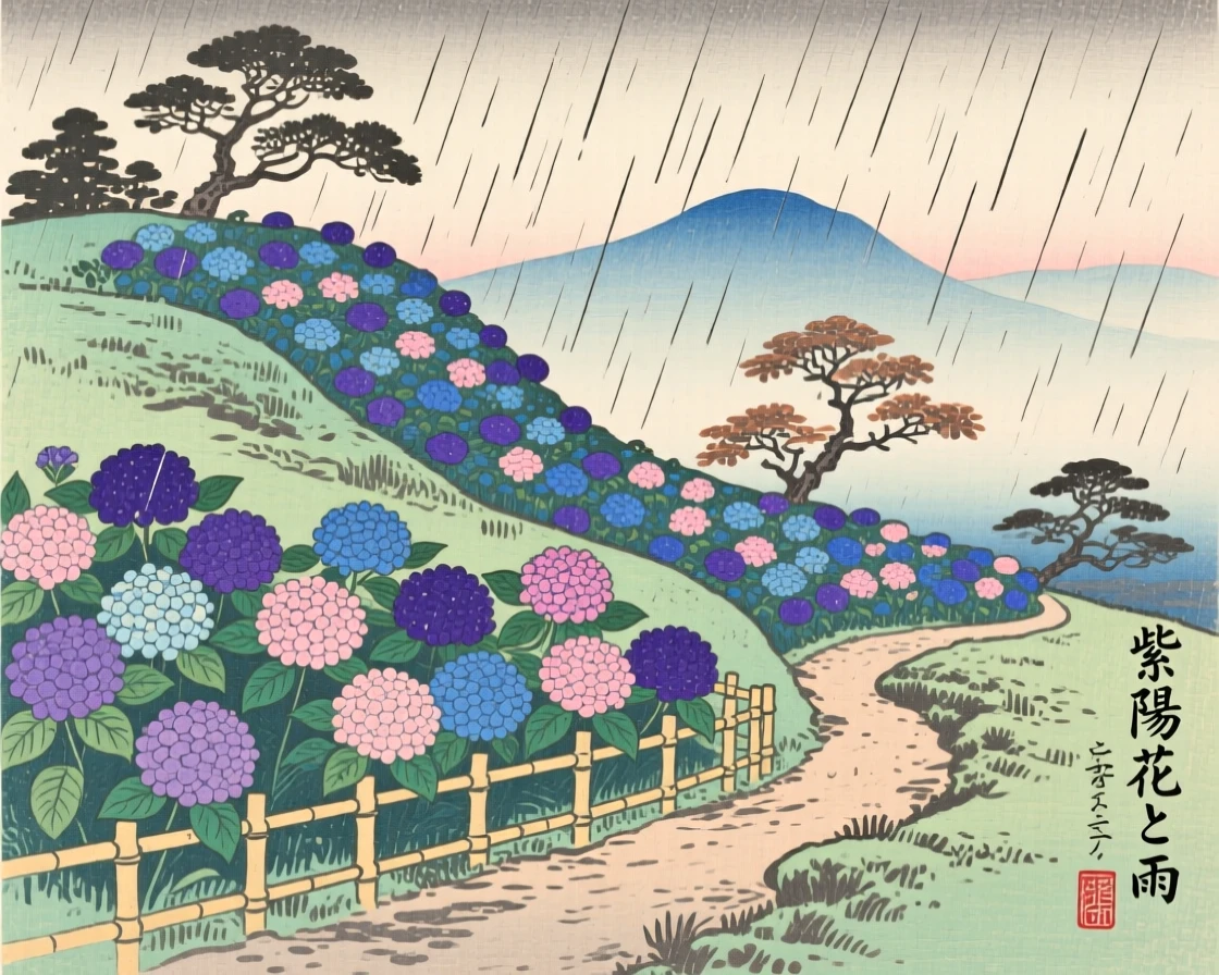 A hillside of blooming hydrangeas as gentle rain begins to fall.