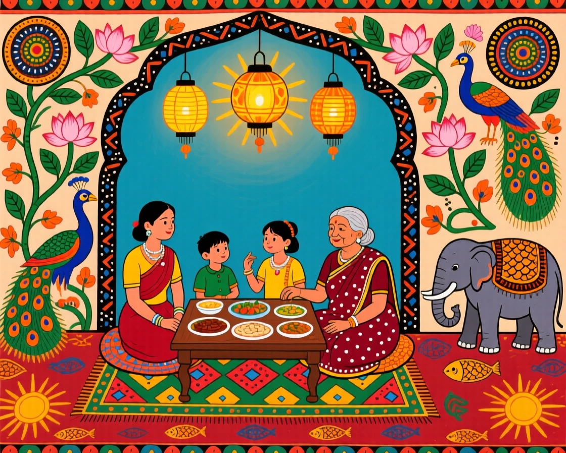 A quiet home lit with lanterns as a family gathers for dinner.