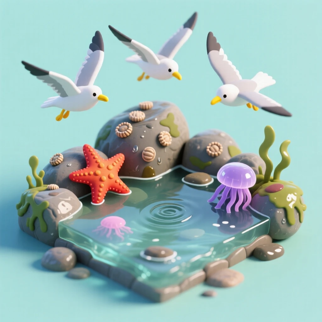 A rocky tide pool ecosystem at low tide, starfish and anemones nestled among barnacle-covered stones, and gulls circling overhead.
