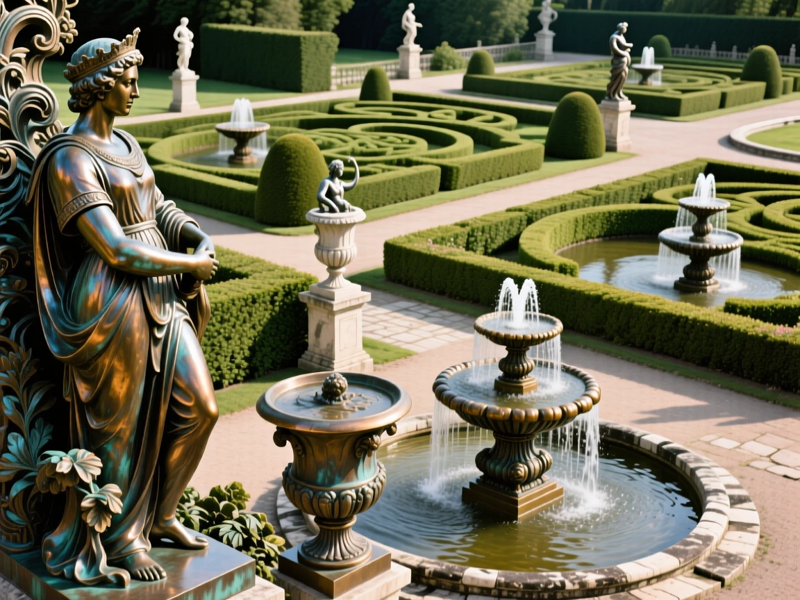 A majestic royal garden with sculpted hedges and fountains, with a powerful sense of history and grandeur, exuding timeless grandeur