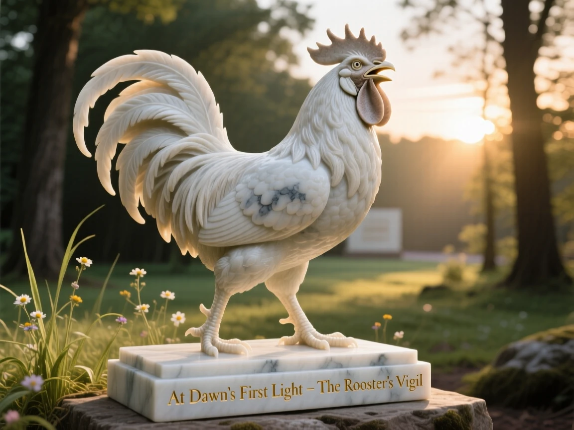 A rooster crowing at sunrise captured in a powerful, dignified pose in a sunlit clearing