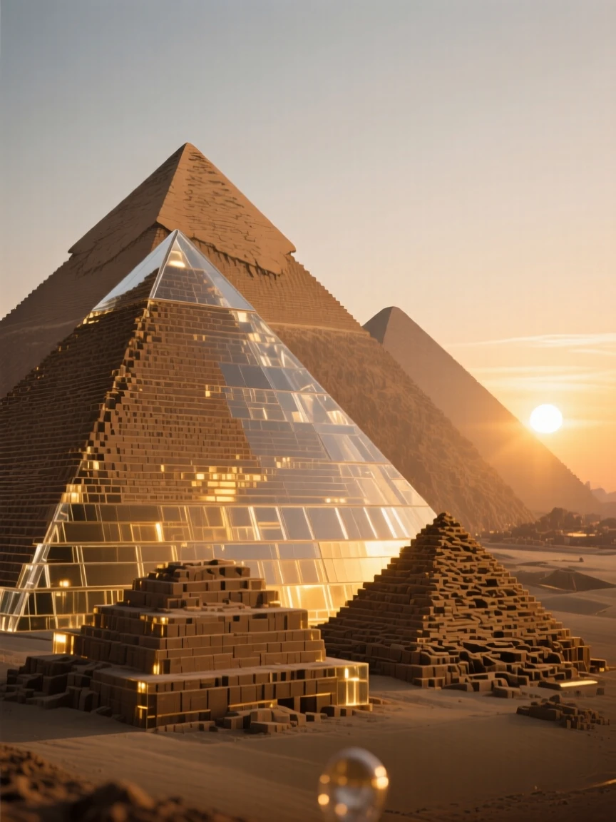 The pyramids of Giza at sunrise, viewed from a dramatic low angle under a vivid sunset sky, warm golden light highlighting every architectural detail, awe-inspiring and grand.