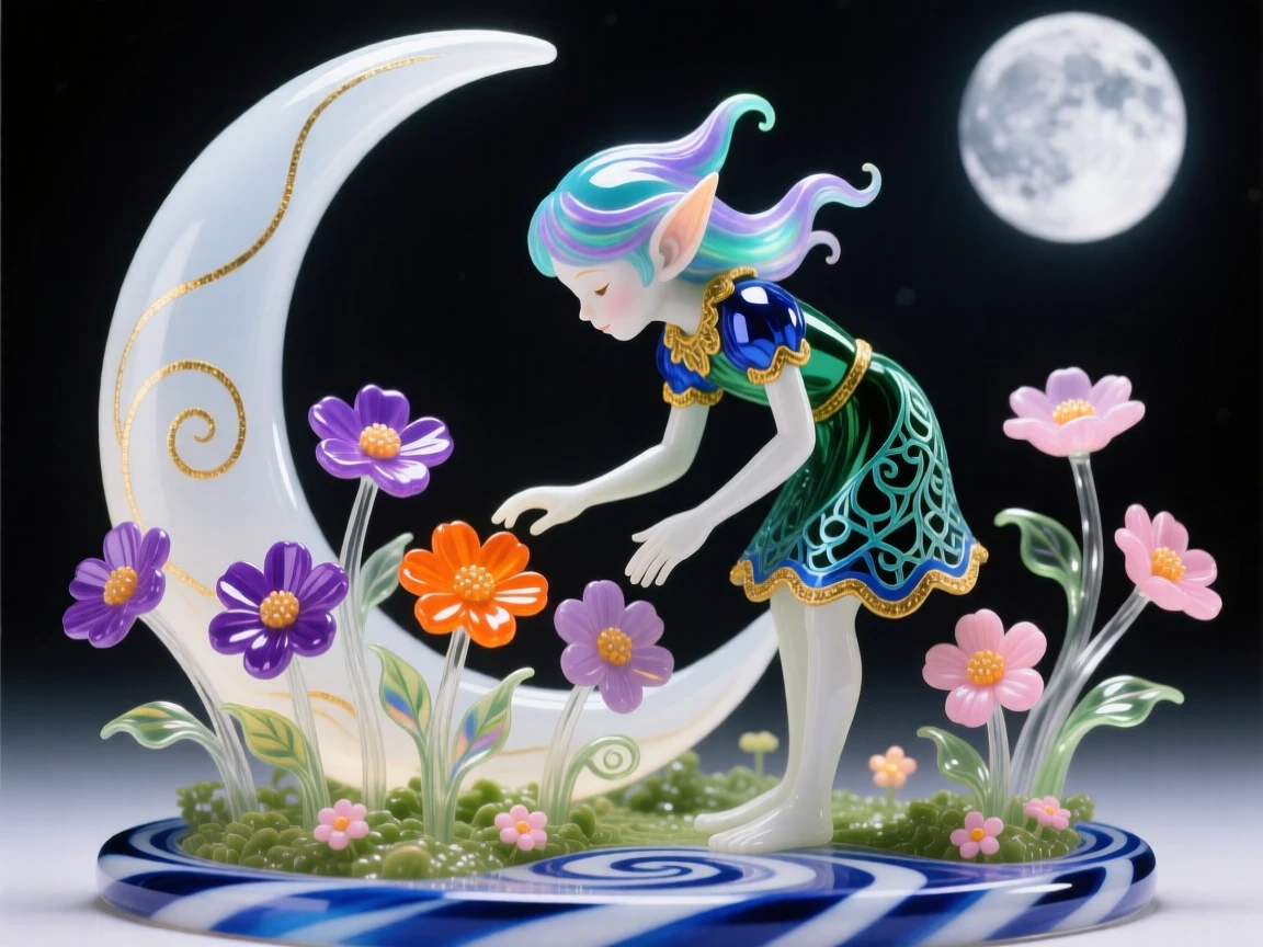 A tiny elf tending a garden of glowing flowers beneath moonlight, whimsical and peaceful.