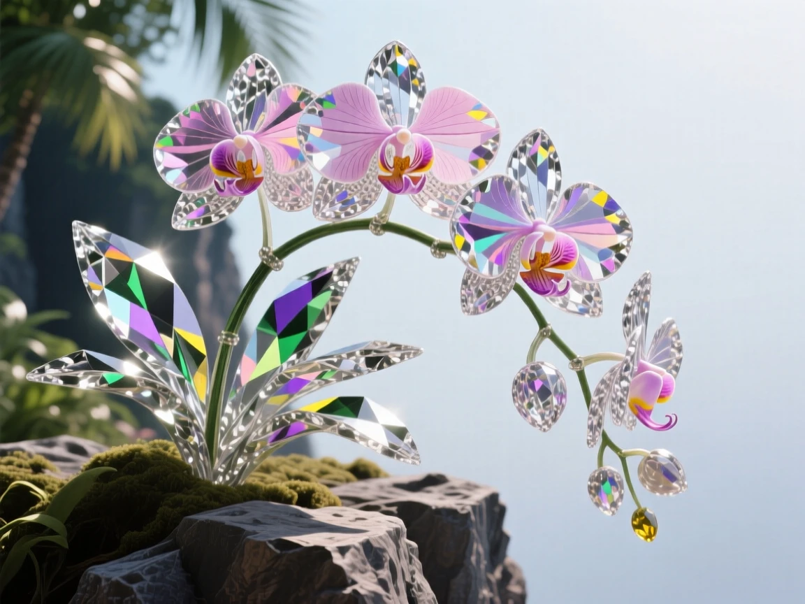 A cluster of orchids growing wild on a cliffside in dappled tropical light.