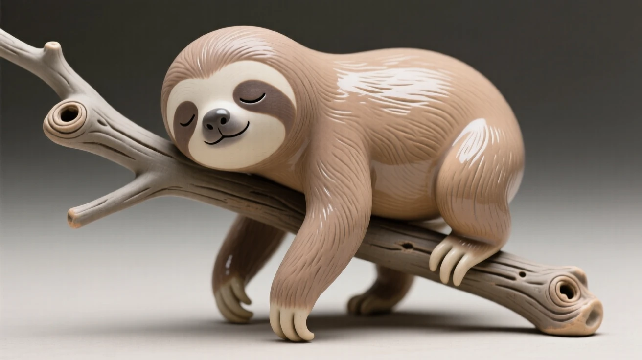 A sleepy baby sloth clinging to a branch caught mid-wobble in a first clumsy step, its tiny features rendered with heartwarming charm, capturing a moment of pure childlike delight.