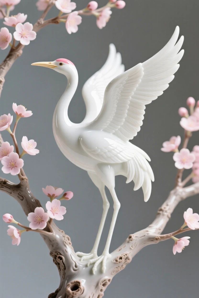 A brilliant crane in a flowering cherry tree, perched with wings slightly raised.