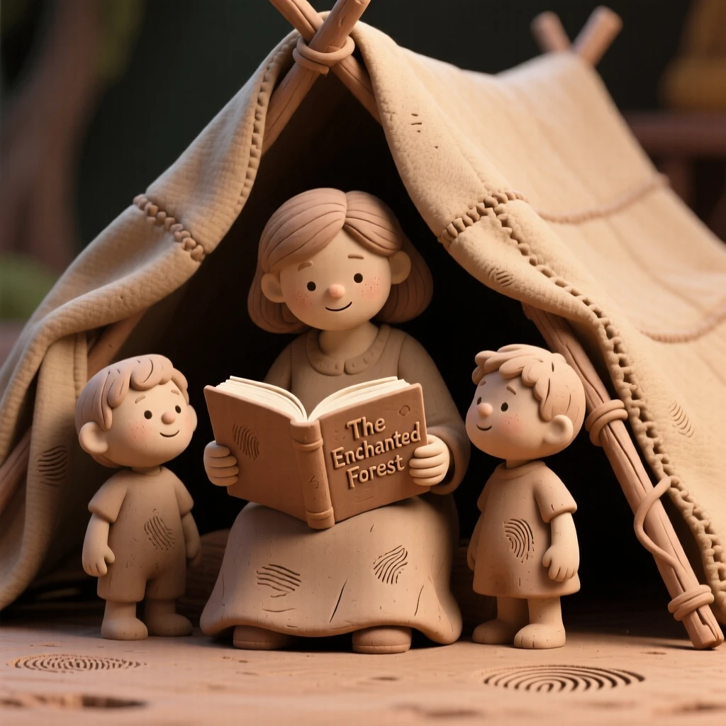 A mother reading a story to her children beneath a blanket fort