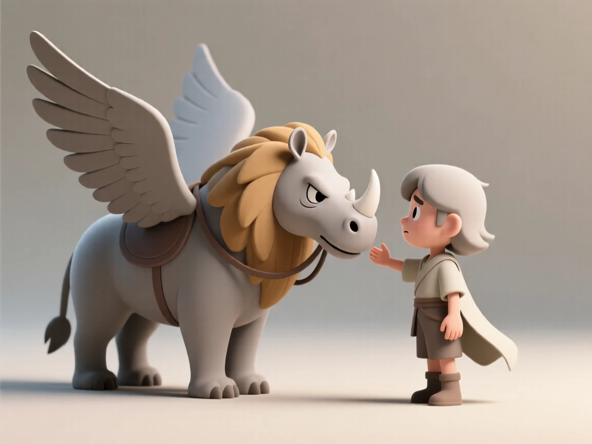 A fierce hippogriff bows its feathered head before a young rider extending a nervous but steady hand.