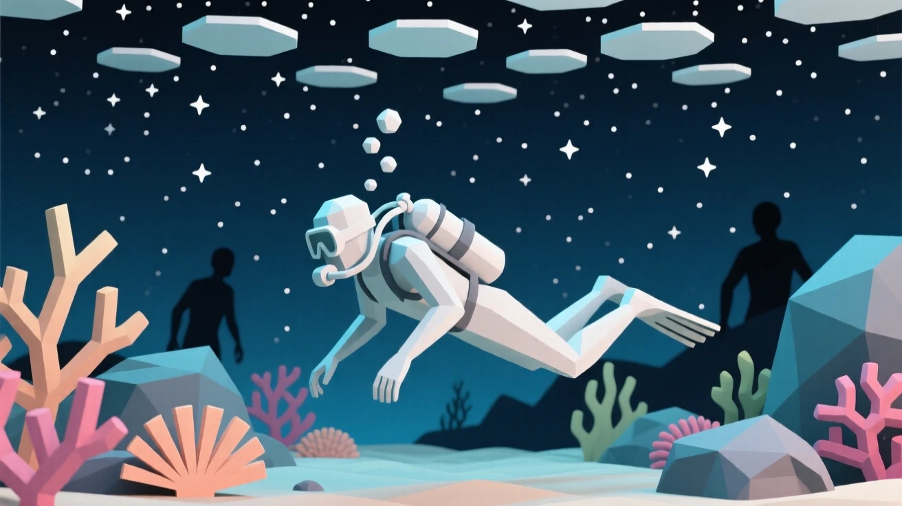 A diver exploring a vibrant coral reef, beneath a canopy of stars. the composition balances subject and open space. There is a calm sense of focus and skill.