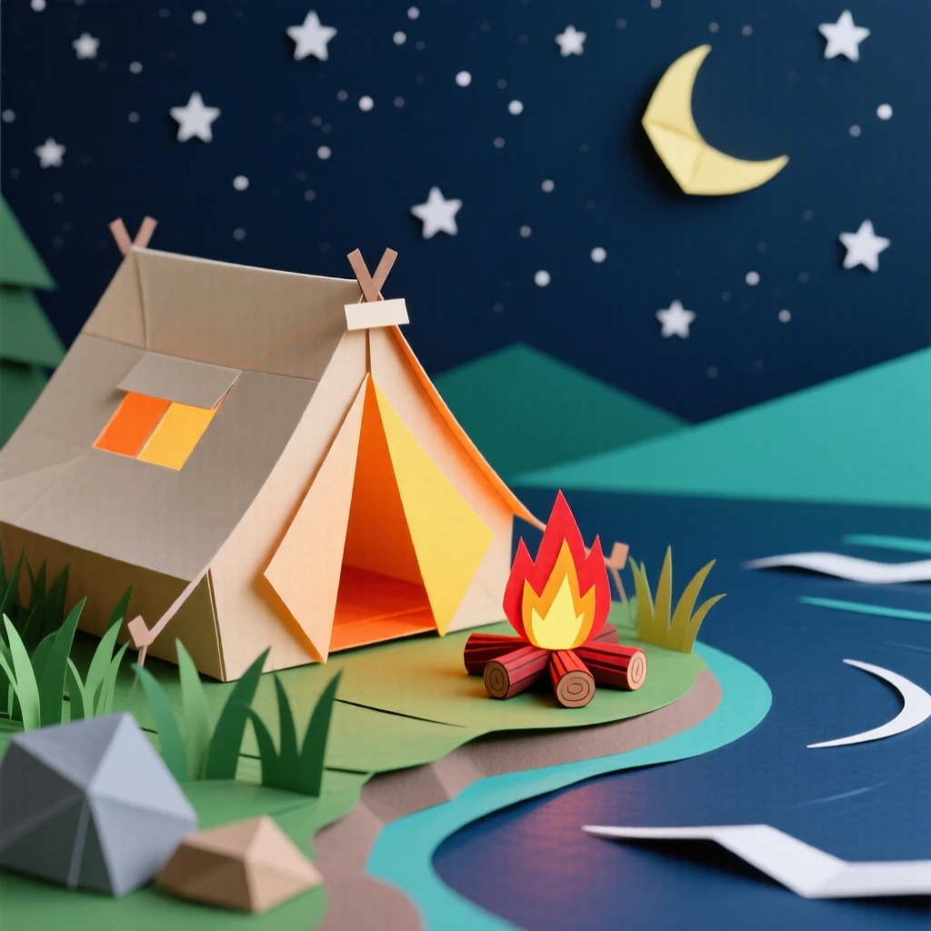 A cozy tent glowing warmly from within, pitched beside a calm lake under a star-filled sky, evoking peaceful outdoor adventure.