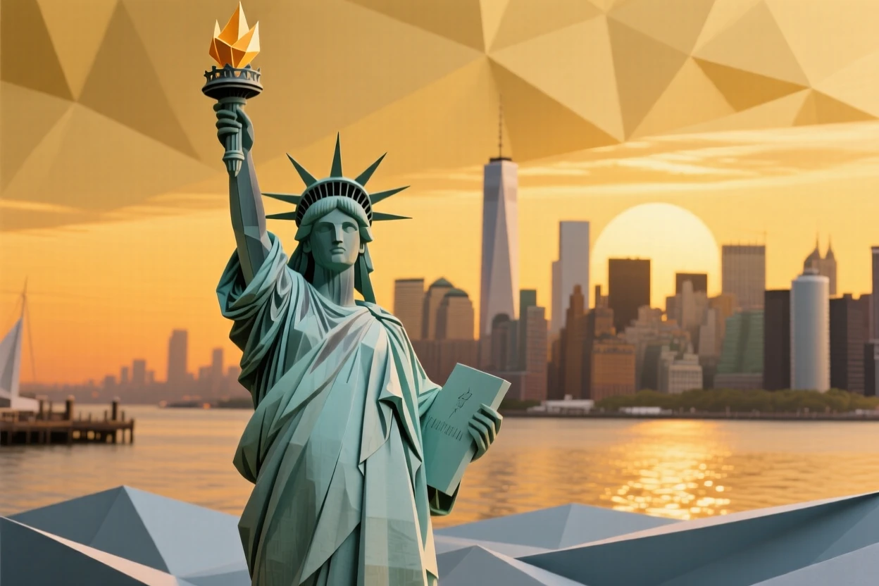 The Statue of Liberty standing tall against a golden sunset harbor skyline.
