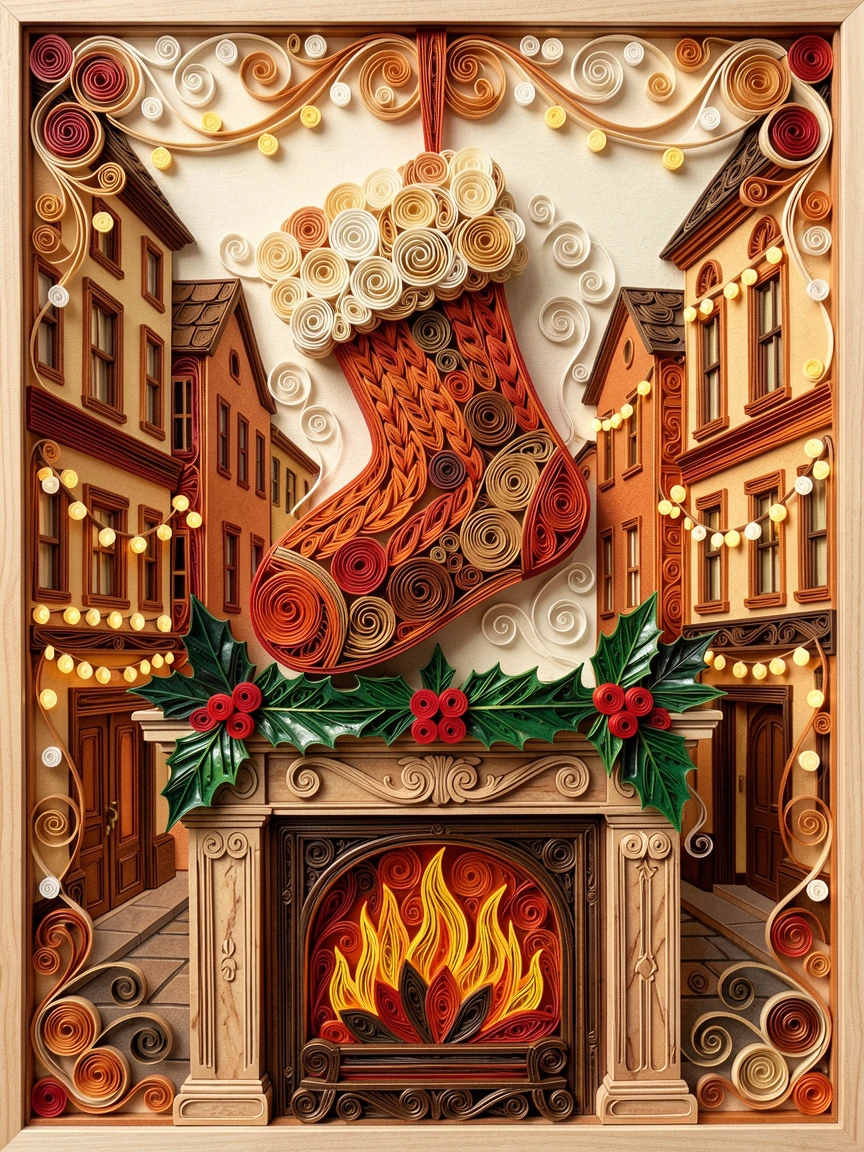 A festive holiday scene of a Christmas stocking hung above a crackling fireplace in a town square strung with festive lights, in warm autumn tones of orange, rust, and brown, composed with a cozy, inviting central focal point.