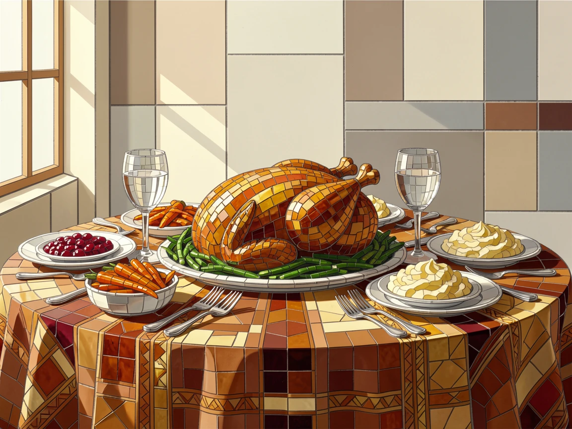A table set for a festive holiday feast with roasted turkey and sides, styled beautifully with warm natural window light.