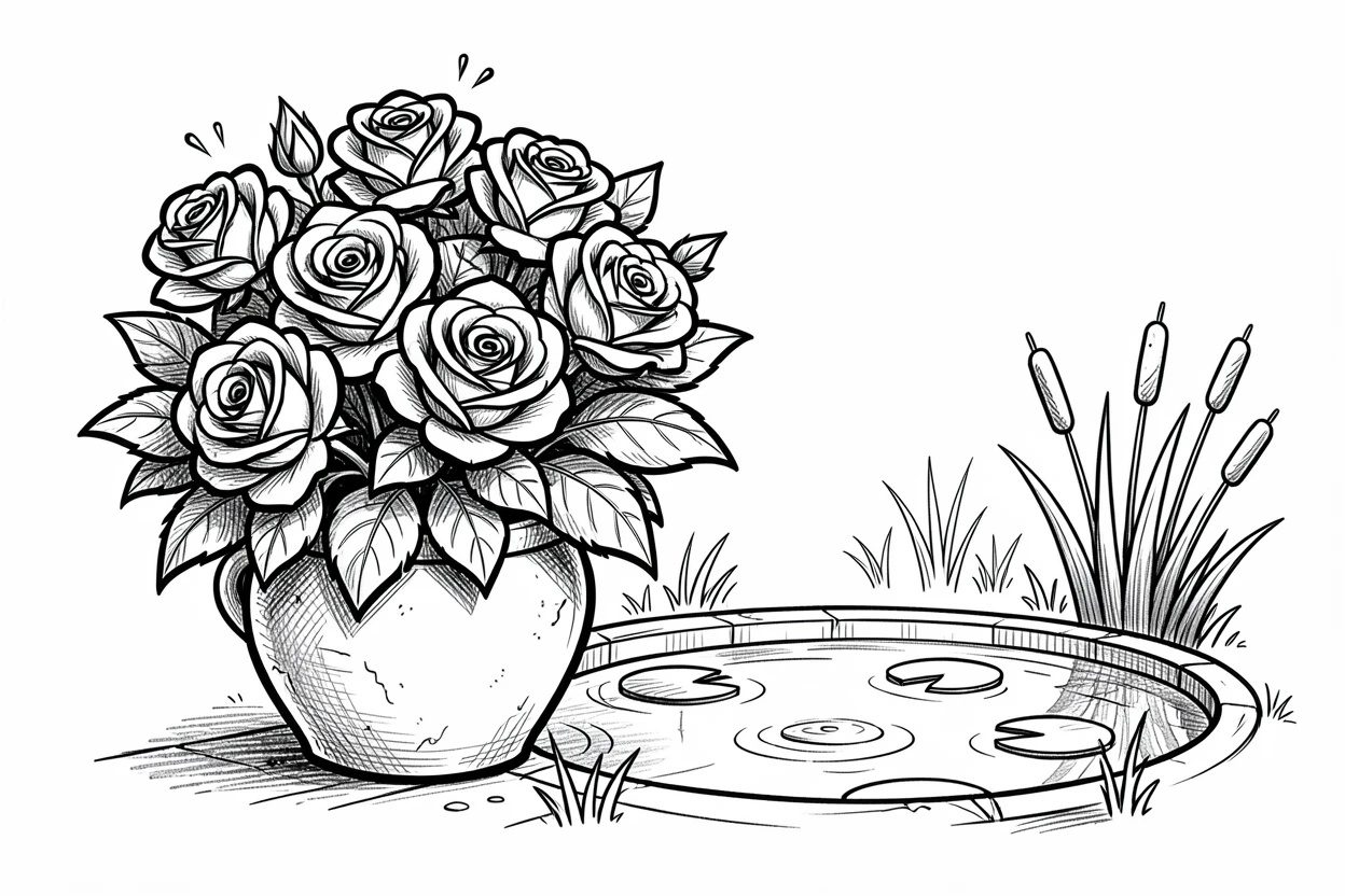 A pot of blooming roses beside a garden pond.