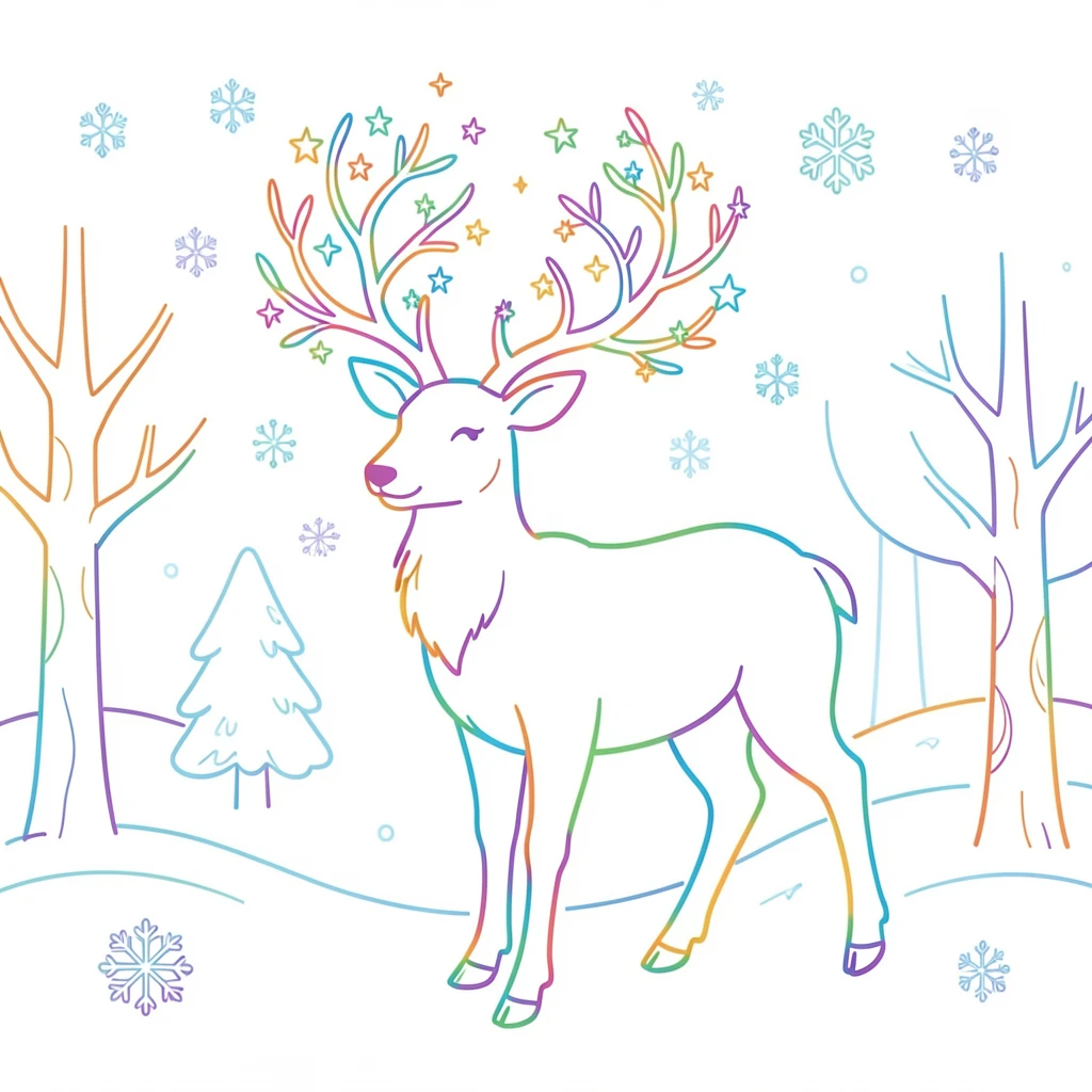 A mystical stag with antlers made of branches and stars walking through a snowy forest.