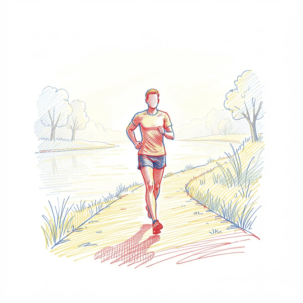 A jogger running along a misty riverside path at dawn