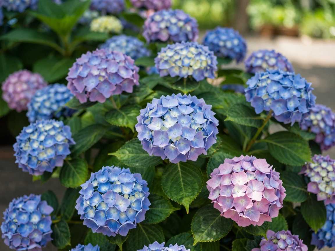 A hydrangea bush bursting with blue and pink blooms