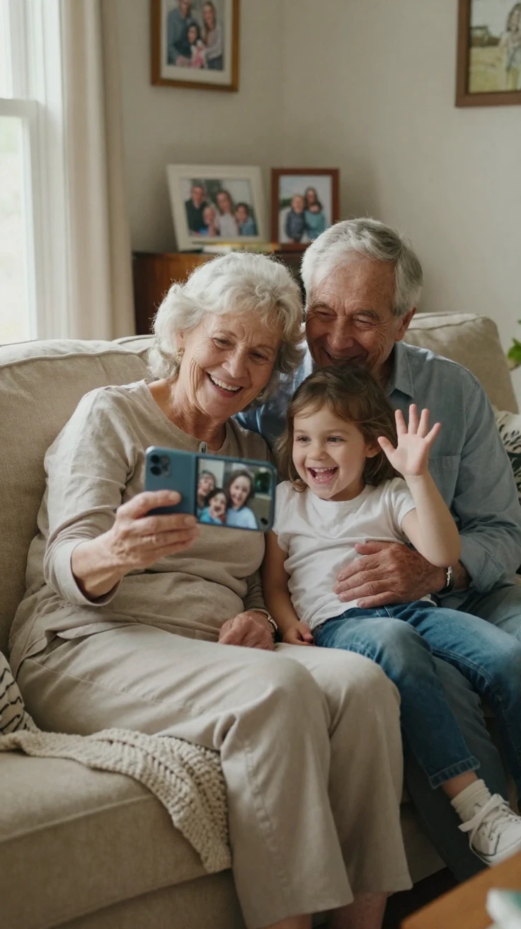 Grandparents video call their grandchildren, holding the phone at an awkward angle.