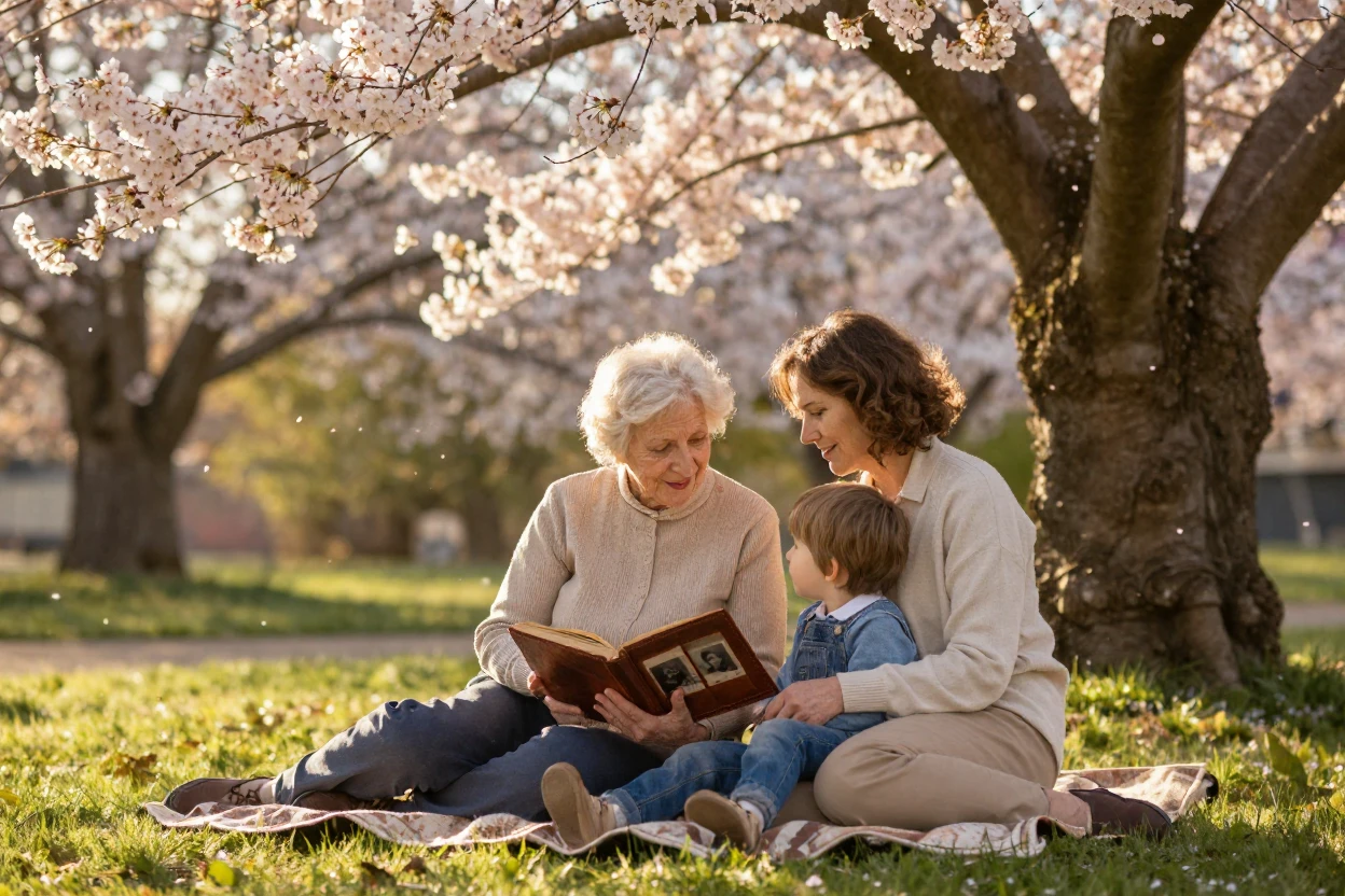 Three generations of a family gathered beneath a blossoming cherry tree, telling old stories