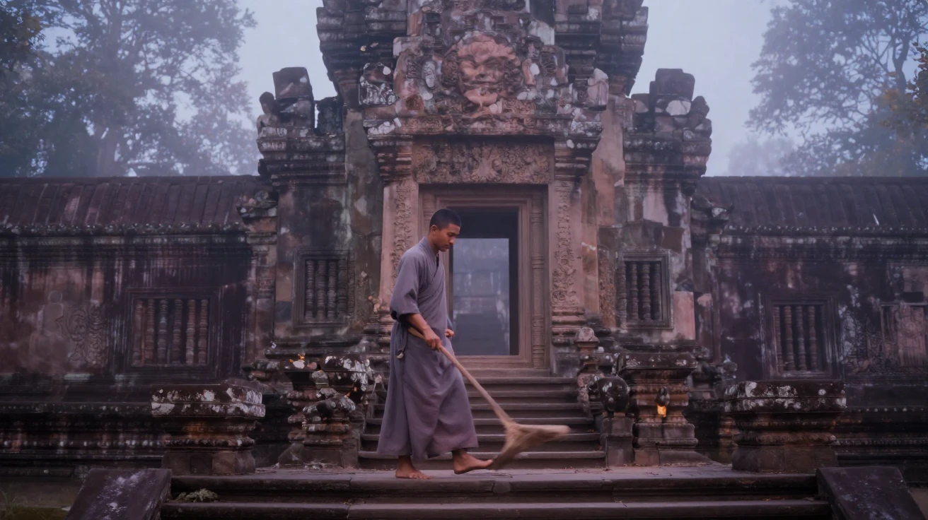 A young monk sweeping the steps of an ancient temple, in cool blue twilight, in thick rolling fog, as summer fades into fall, in dusty lavender and rose tones, from a wide establishing view.